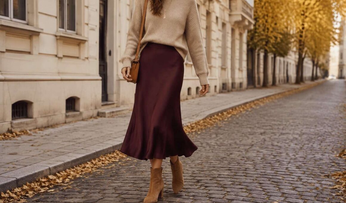 Mujer con falda color berenjena, jersey claro y botines de ante.