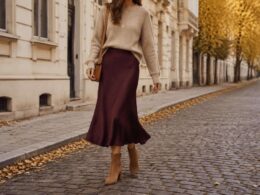 Mujer con falda color berenjena, jersey claro y botines de ante.