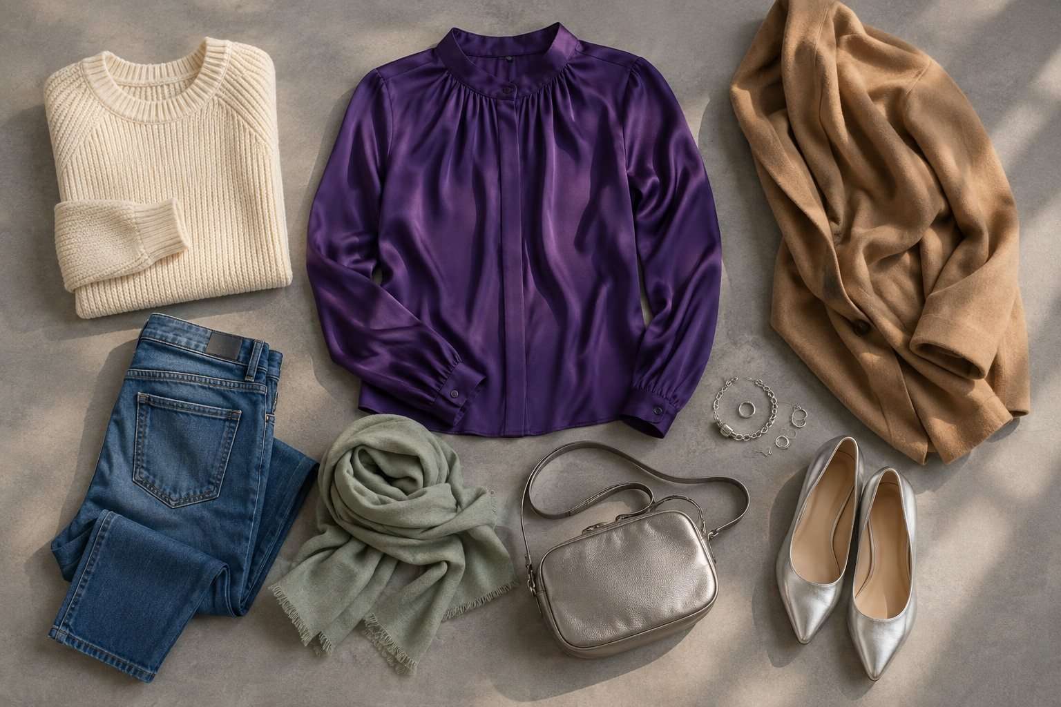 Blusa morada rodeada de prendas crema, camel, denim y verde salvia.